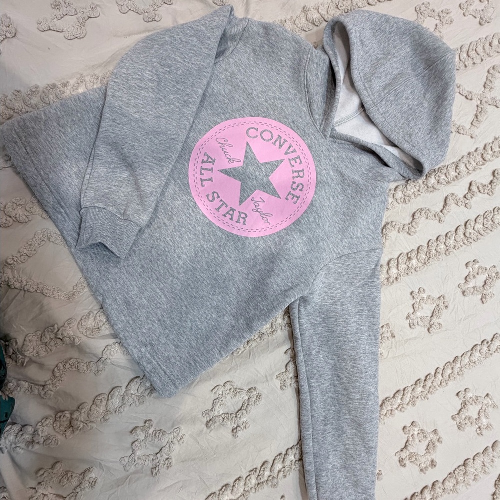 Converse Kids Heather Gray Hoodie with Pink All Star Badge